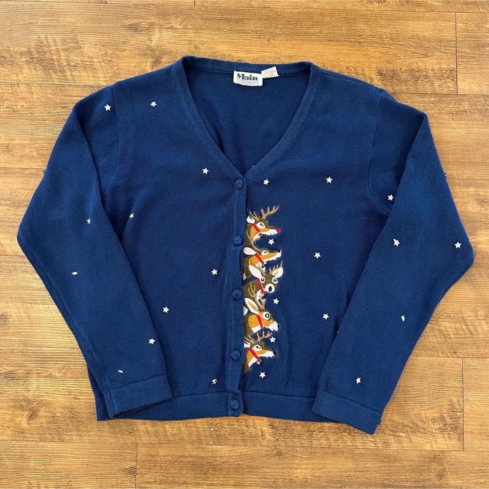 Navy Blue Reindeer Cardigan Sweater